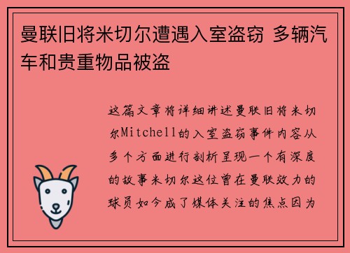 曼联旧将米切尔遭遇入室盗窃 多辆汽车和贵重物品被盗