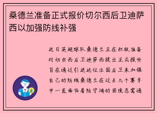 桑德兰准备正式报价切尔西后卫迪萨西以加强防线补强