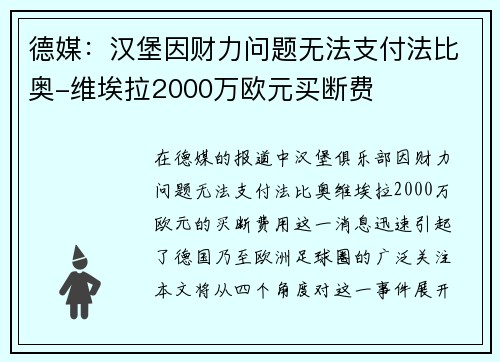 德媒：汉堡因财力问题无法支付法比奥-维埃拉2000万欧元买断费